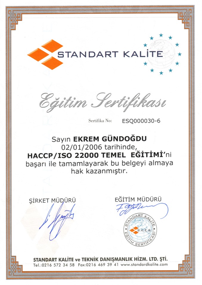 HACCP ISO 22000 Temel E�itim Belgesi