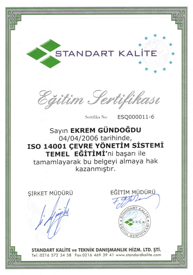 ISO 14001 �evre Y�netim Sistemi Temel E�itim Belgesi