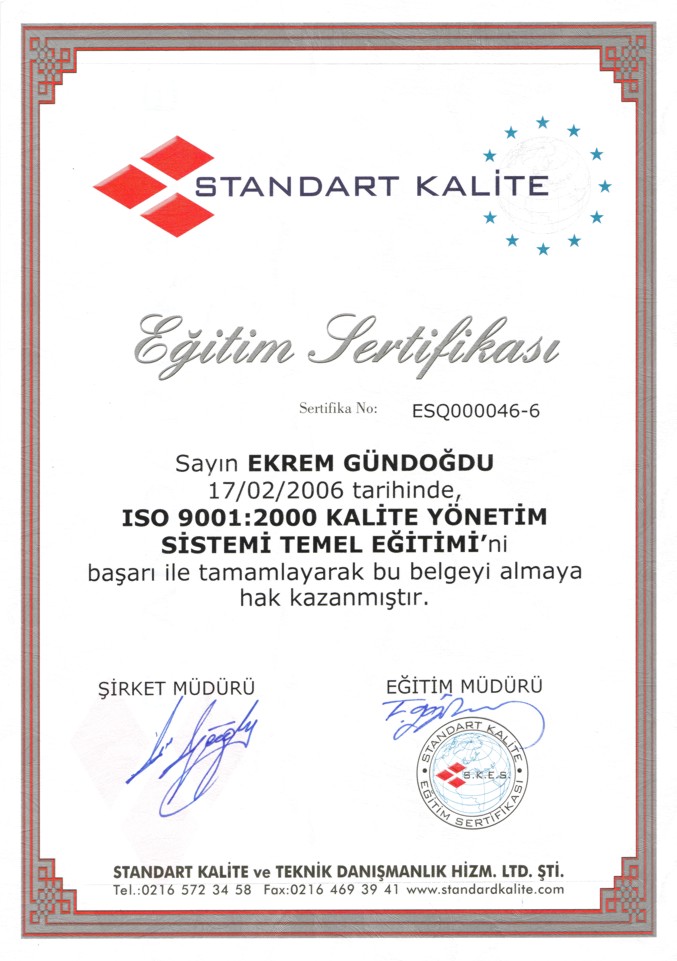 ISO 9001:2000 Kalite Yönetim Sistemi Temel Eğitim Belgesi