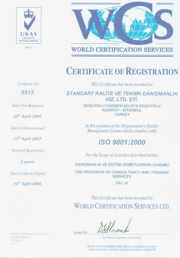 ISO 9001:2000 Kalite Yönetim Sistemi Belgesi